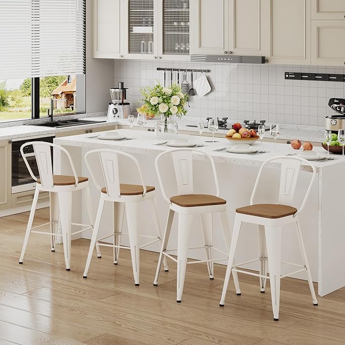 Andeworld Metal Bar Stools Set of 2, 30 inch Bar Height Barstools with Backs Farmhouse Modern High Back Bar Stools with Larger Seat Kitchen Dining Bar Chairs,Off White