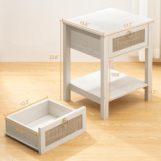 SICOTAS White Nightstand Set of 2,Rattan Decor Drawer with Brass Knobs Night Stand Bedside Table Boho End Tables Side Tables with Storage Shelf for Bedroom,Small Space
