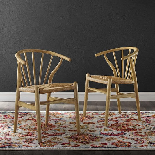 Modway Flourish Mid-Century Modern Rustic Farmhouse Wood Dining Chair Set of 2 in Natural