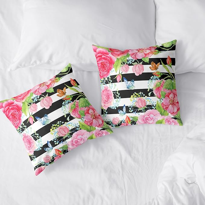 Spring Summer Pillow Covers 22x22 Set of 2 Rose Throw Pillow Covers Butterfly Flowers Pillow Case Black Stripes Cotton Blend Cushion Case for Home Decor Couch Sofa