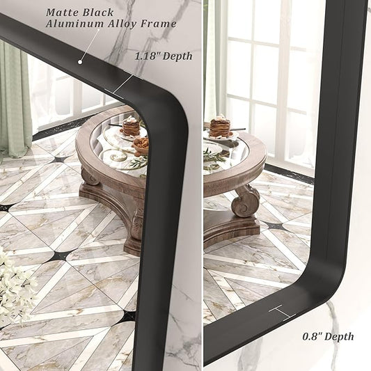 48x36 Matte Black Bathroom Mirror, Modern Rectangle Metal Framed Mirrors for Wall, Rounded Corners, Shatter-Proof (Horizontal/Vertical)