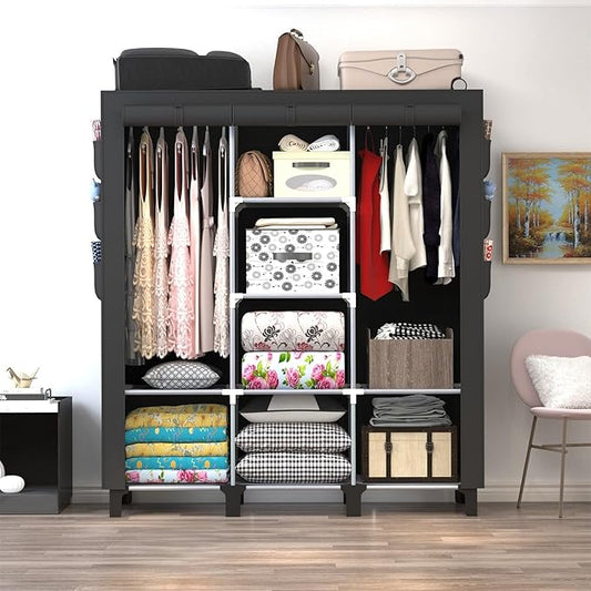 Portable Wardrobe with 10 Storage Racks and 2 Hanging Poles 6 Side Pockets Fleece Cover, Size 130 x 45 x 172 cm, Bedroom Closet Organizer Black
