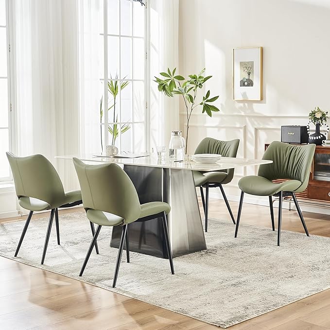 Rowill Olive Green Dining Chairs Set of 2, Upholstered Dining Room Chairs with Hollow Back, Faux Leather Kitchen Chairs for Dining, Mid Century Modern Dining Chair with Curved Seat