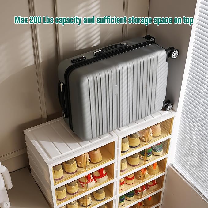8-Tier Foldable Shoes Rack Organizer Clear Plastic Shoes Rack for Closet Shelf Collapsible Large Storage Box Stackable Easy Assembly Shoe Cabinet with Lids and Door(for 32 Pairs)