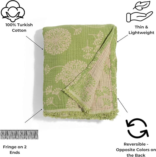 InfuseZen Turkish Blanket with Dandelion Flower Print – Muslin Weave Reversible Throw Blanket – 100% Cotton - Breathable, Thin and Lightweight Gauze Throw Blanket – Large 92” x 65” (Olive/Beige)