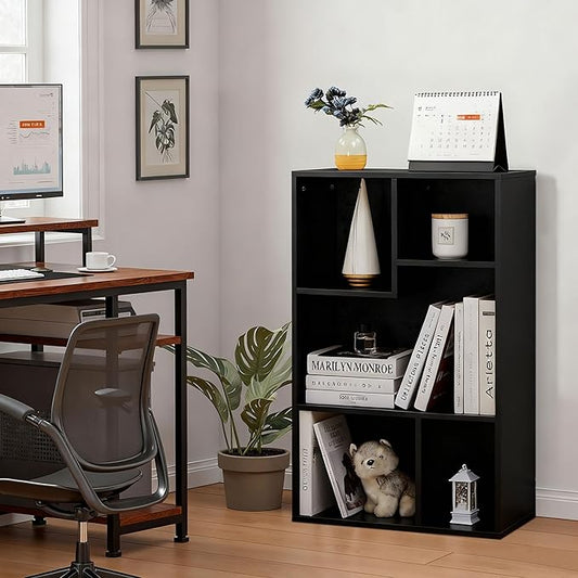 VECELO 5 Cube Modern Bookcases, 3 Tier Bookshelves,31 Inch High Cubby Storage Organizer,Shelf Hight Up to 12.8 Inches Suit for Most Books,Vertical or Horizontal Use Available,Vintage Black