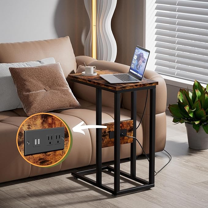 VECELO C Shaped End Table with Charging Station & Power Outlets, Quick Access Side Table for Sofa, C Bedside for Living Room Bedroom 2 Set,Brown