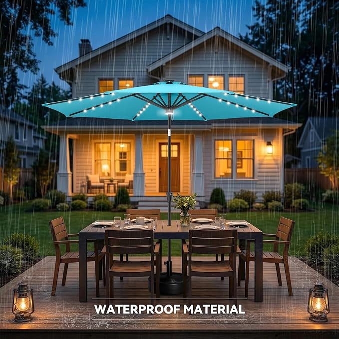 10ft Solar Umbrella Outdoor - Lighted Solar Patio Umbrella with 40 LED Lights Waterprool UV Protection, Table Umbrella with Tilt for Pool, Porch, Garden, Deck, Backyard (Aqua Blue)
