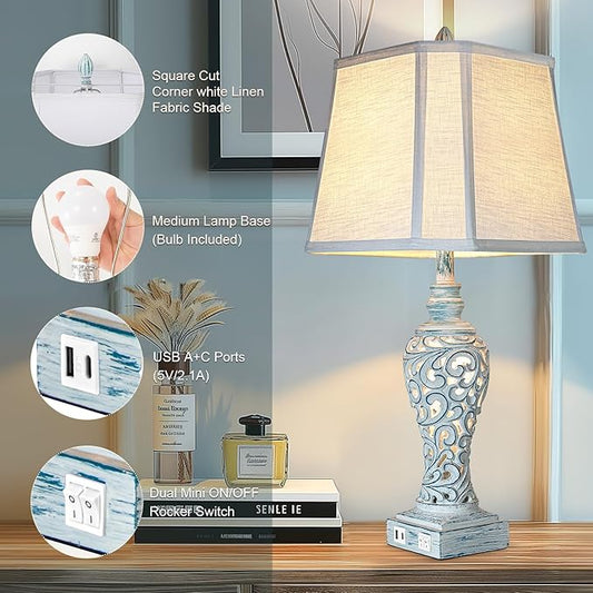 Table Lamp Bedside Lamps Set of 2, 28.5'' Luxsight Farmhouse Table Lamps for Bedroom, Lamps for Nightstands with Night Lights, with USB C+A Ports, Rustic Lamp for Living Room, Bulb Included