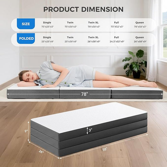 MASVIS Trifold Mattress, 3 Inch Memory Foam Foldable Mattress with Washable Cover, Tri-Folding Floor Bed for Camping, Queen