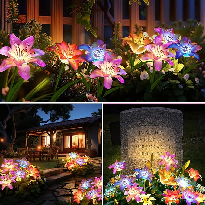 4 Pack Solar Flowers Lights Outdoor Waterproof with Lily, Yard Decorations Outdoor Garden Decor, Solar Garden Lights Outdoor Decor