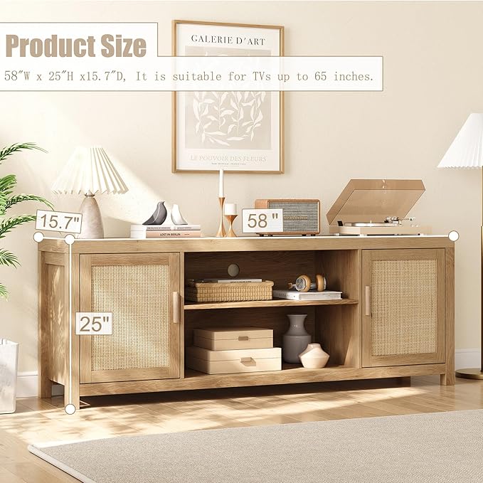 IDEALHOUSE Rattan TV Stand for 65 inch, Natural Oak Entertainment Center with Adjustable Shelves, Boho TV & Media Cabinet 2-Tier Storage for Living Room Bedroom