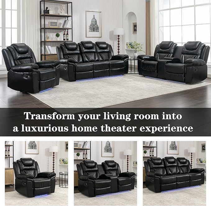 ERYE 83-Inch Oversized Manual Reclining Sofa with LED Strip and Cupholders for Living Room Home Theater, Multifunctional Faux Leather 3 Seaters Manual Recliner Couches | Charging Station, Cup Holder, LED Light Strips