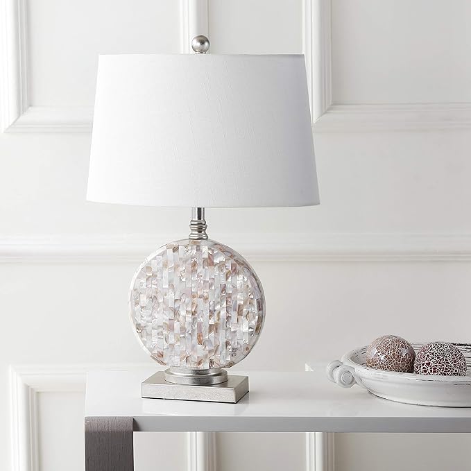 JONATHAN Y 24" Dennis Cream Mother-of-Pearl Seashell Table Lamp, Coastal Traditional Bedside Lamp for Living Room Bedroom, White Linen Drum Shade, LED Bulb Included JYL1050A