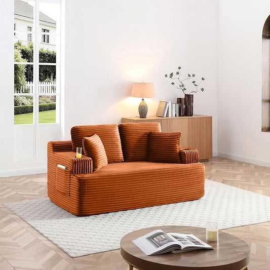 Floor Loveseat Boneless Sofa Couch in a Box with Cup Holder and Side Pockets, Corduroy Upholstered 2 Seater Cloud Foam Sofa with Deep Seating for Living Room, No Assembly | Breathable material, Cupholders
