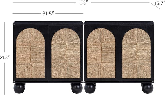 Nathan James Leah Boho TV Stand or Sideboard Cabinet for Kitchen or Living Room with Ball-Style Feet, Natural Seagrass Door Fronts and Solid Wood Legs, Black Set of 2