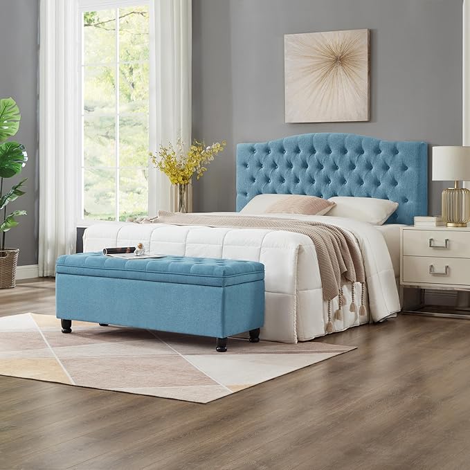 Upholstered Ottoman with Storage,Entryway Bench with Tufted Buttons and Spindle Wooden Legs for Living Room,Bedroom,Light Blue