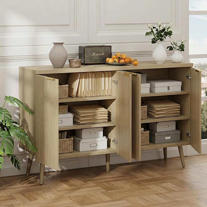 FONTOI 47.2" Wood Fluted Buffet Cabinet with 4 Doors & Storage - Multifunctional Kitchen Sideboard Credenza for Living Room & Entryway, Oak