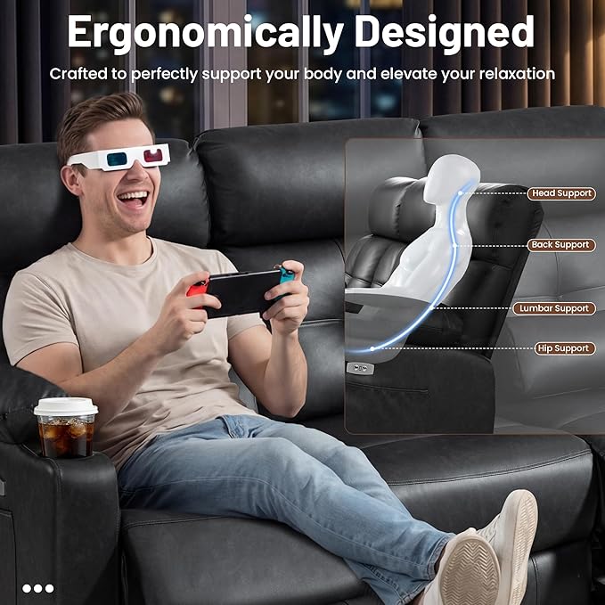 Power Reclining Sofa with Heat and Massage| RV Wall Hugger Recliner Sofa with Electric Tilt | RV 3 Seater Recliner Sofa for Living Room(Sofa Black) | 3 seater