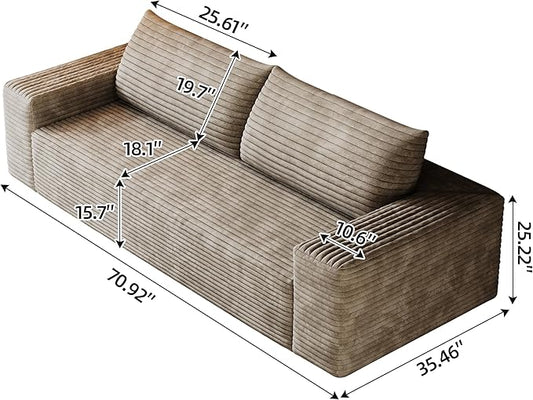3 Seater Couch for Living Room, 71.3 INCH Fluffy Corduroy Boneless Couch Cloud Loveseat with Wide Armrest, Upholstered Floor Sofa in A Box, No Assembly Required