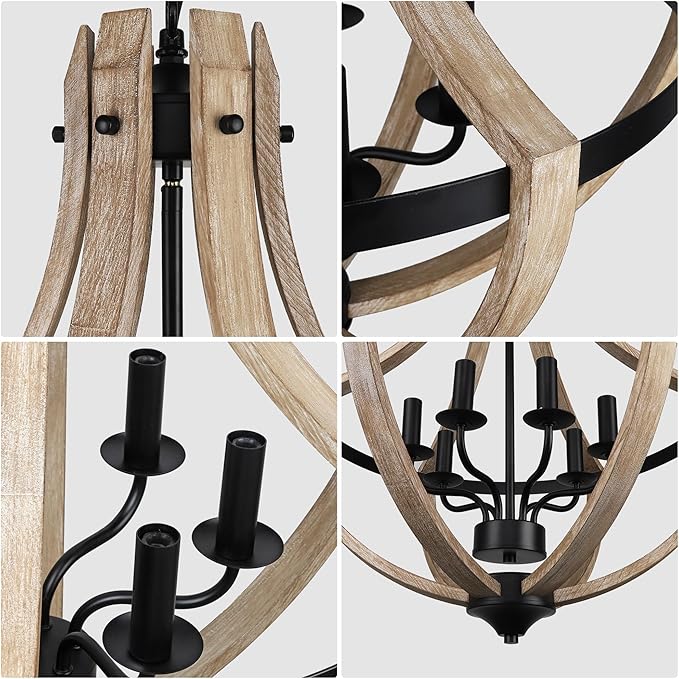 6-Light Large Rustic Farmhouse Dining Room Chandeliers, Adjustable Height Entryway Light Fixture, Hanging Wood Chandelier for Kitchen Island Foyer Stairwell Office