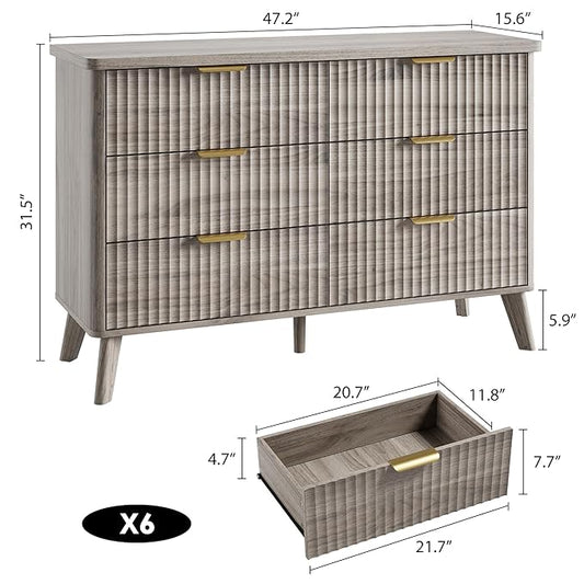 Garvee 6 Drawers Dresser for Bedroom, 47.2" Wide Dressers with Curved Profile Design, Fluted Wood Drawers with Gold Handle, Modern Chest of Dressers with Thickened Design for Living Room, Grey