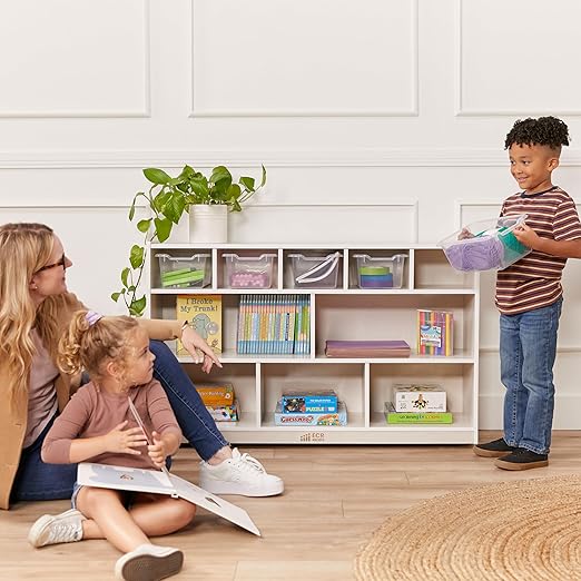 ECR4Kids 5+5 Cubby and Storage Mobile Tray Cabinet, Classroom Furniture, White Wash