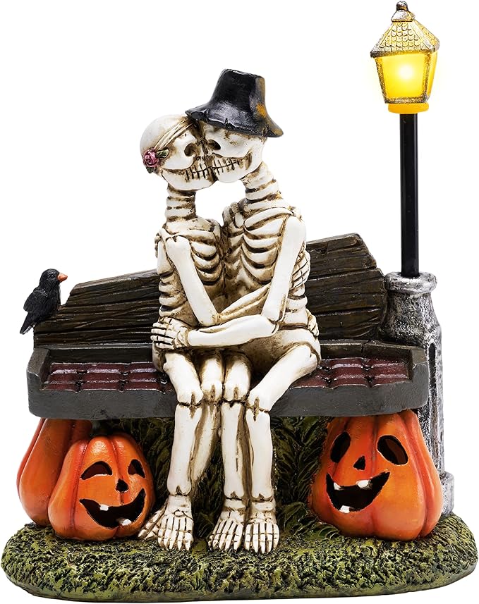 TERESA'S COLLECTIONS Halloween Decorations, Love Never Dies, Skeleton Decor, Couple Kissing Skeletons and Solar Light, 10", Waterproof Resin Halloween Decor, Skeleton Gifts Indoor/Outdoor