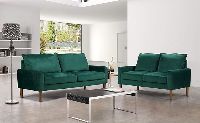 Container Furniture Direct Petit Mid Century Modern Velvet Loveseat for Small Spaces, Upholstered 2 Seater Couch for Living Room and Bedroom, Easy Assembly, Lush Green