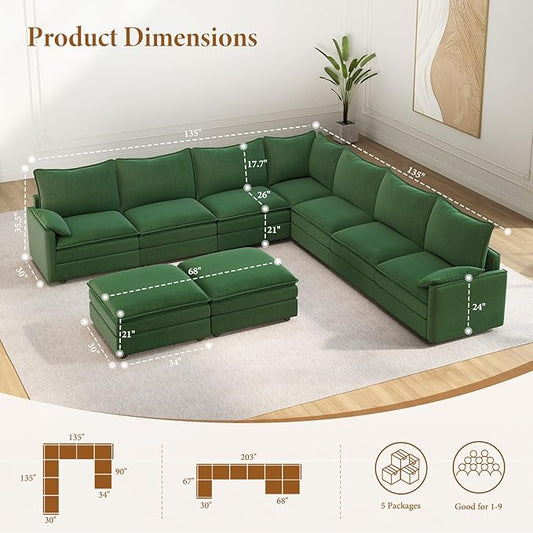 Vesgantti Large Modular Sectional Sofa, Big Comfy Cloud Couch with Ottoman Deep Seat Chenille Cloud Sofa, 9 Seater Large Sectional Couches for Living Room, Bedroom and Apartment, Green | Sink-in Comfort, Height Adjustable, Easy Rearrangement, Extra-dee...