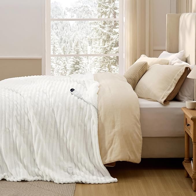 Bedsure Electric Blanket Twin - Thick Striped Flannel Electric Blanket, Heating with 10 Time Settings, 6 Heat Settings, and 8-Hour Timer Auto Shut Off, Gift for Grandma (62x84 inches, White)