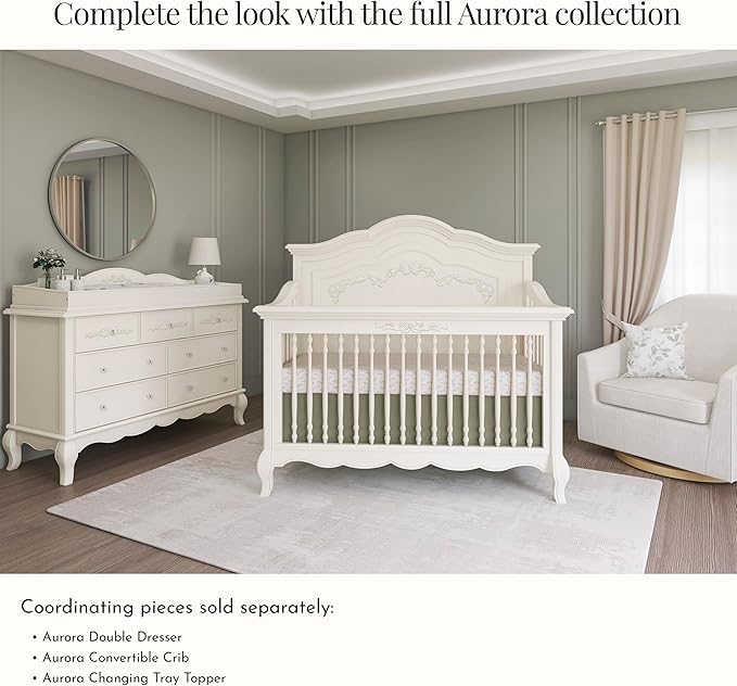 Evolur Aurora 7-Drawer Nursery Dresser – Ivory Lace | Assembled Double Dresser with Crystal Knobs, Queen Anne Legs, Large Storage for Baby Essentials
