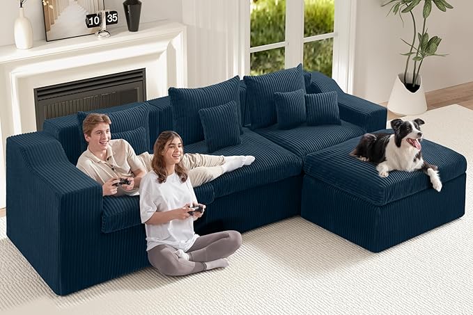 101" Modular Couch Sectionals with Ottoman, Big Comfy Cloud Couches, L Shaped 4 Seat Modular Sectional Sofa, Sectional Double Cushion Couches with Deep Seat for Living Room,No Assembly Required(Blue)