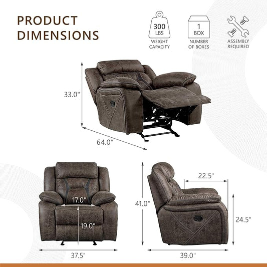 Homelegance Recliner Living Room Set, Manual Polished Microfiber Upholstery Recliner Sofas, Loveseat and Chair, 3-Piece Set, Dark Brown