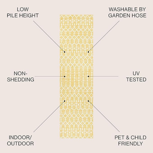 JONATHAN Y Moroccan Geometric Indoor Outdoor Runner Rug 2X10 Yellow/Cream, Ourika Textured Weave for Backyard, Patio, Porch, Easy-Cleaning, High Traffic, Pet-Friendly, Non-Shedding (SMB108G-210)