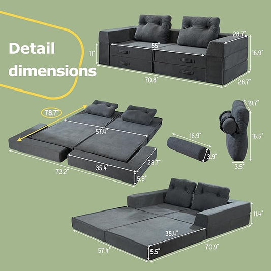 Folding Sofa Bed, 4 in 1 Convertible Sleeper Chair with Pillow, Loveseat Memory Foam Fold Out Chair Bed, Modern Floor Futon Sofa Couch Mattress for Living Room/Guest/Apartment, Black Grey | Compressed sofa, L shaped armrest, Sturdy backrest, Large supp...