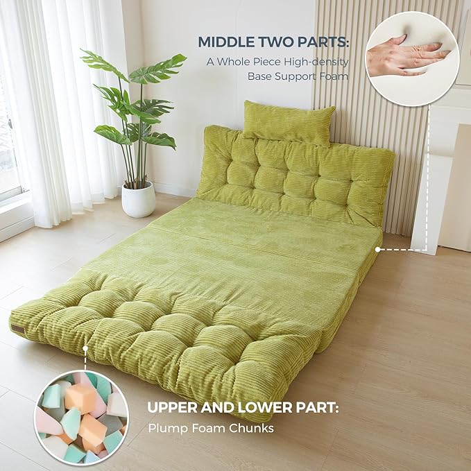 MAXYOYO Folding Sofa Bed, Tufted Bean Bag Bed with Pillows Floor Mattress for Adults, Extra Thick and Long Floor Sofa, Twin Couch for Bedroom Living Room, Green, 39x91 Inch
