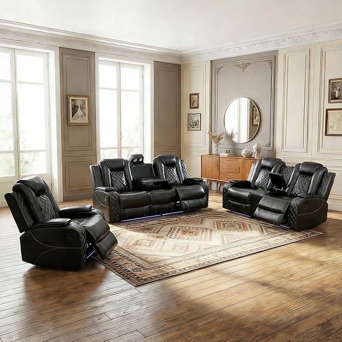 Power Recliner Sofa Set, Air Leather Reclining Couch with LED, 3 Pieces Reclining Living Room Furniture, Black Leather Sofa and Loveseat Chair for House/Apartment/Office