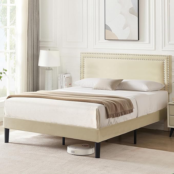 VECELO Full Size Bed Frame with Adjustable Upholstered Headboard, Wooden Slats Platform, Noise-Free Design, Easy Assembly