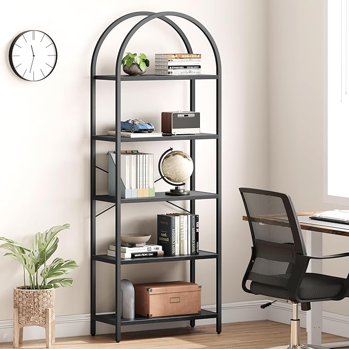 GarveeHome Arched Bookshelf 5 Tier Tall Bookcase Modern Standing Bookshelves Metal Storage Rack Shelf Wood Book Shelf for Bedroom, Living Room, Home Office