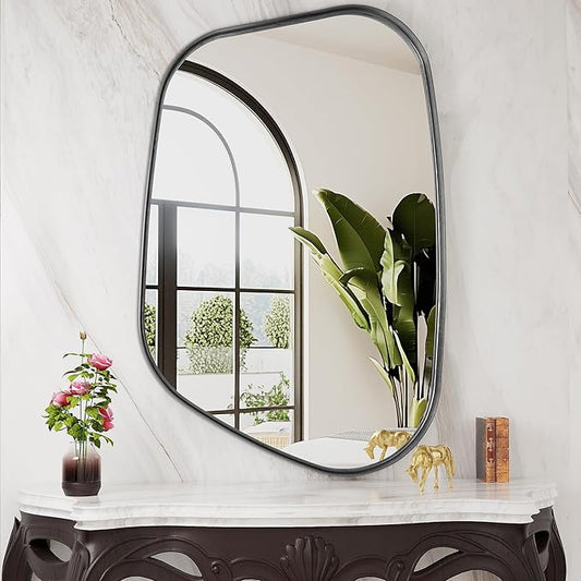 Irregular Wall Mirror 26"x40" Bathroom Mirrors Asymmetrical Artistic Decorative for Living Room Bedroom Bathroom Hallway Entryway,Trapezoid,Black
