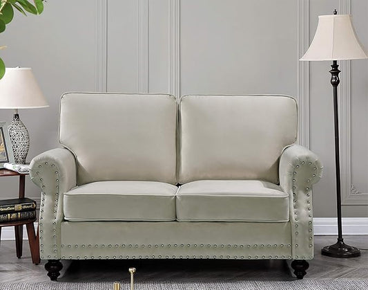 Container Furniture Direct Lotus Mid Century Modern Velvet Upholstered Living Room Rolled Arms, Sofa and Loveseat, Beige