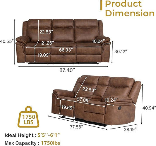 Luxurious Faux Leather Recliner Sofa Set for Living Room, Manual Rocking Loveseat, 3 Seat Reclining Sofa Couch with Dropdown Table, Storage and USB for Meeting Room (77"+87")