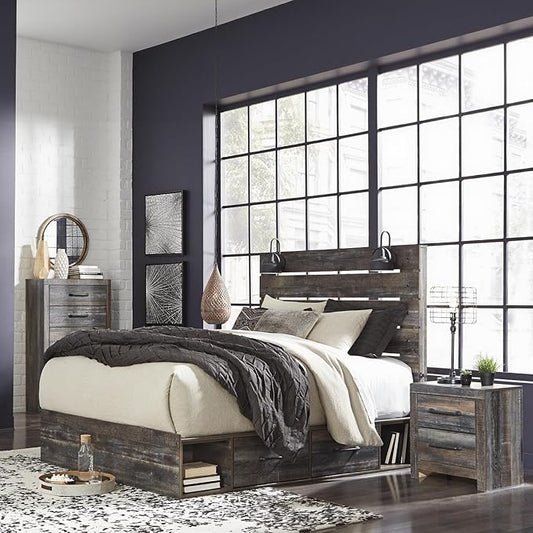 Signature Design by Ashley Drystan Rustic Queen Panel Platform Bed with 4 Storage Drawers, Open Cubbies, Sconce LED Lights and USB Ports, Foundation or Box Spring Not Needed, Dark Brown & Gray