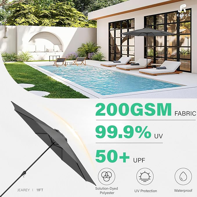 JEAREY 11' Patio Umbrellas Outdoor Table Market Umbrella w/Crank, 8 Sturdy Ribs, UV Protection Windproof for Garden, Deck, Backyard, Pool(Gray)