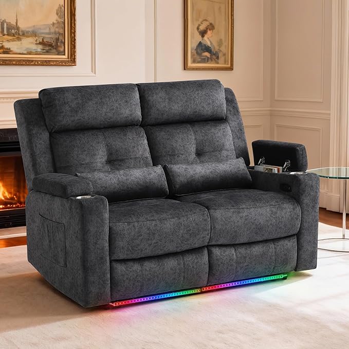 RV Loveseat Recliner Sofa, Power Reclining Loveseat with 4 LED Lights, USB Ports, Power Wall Hugger Recliner Loveseat with Arm Storage, 2 Cushions for Living Room, Bedroom, Home(Grey, 2 Seat)