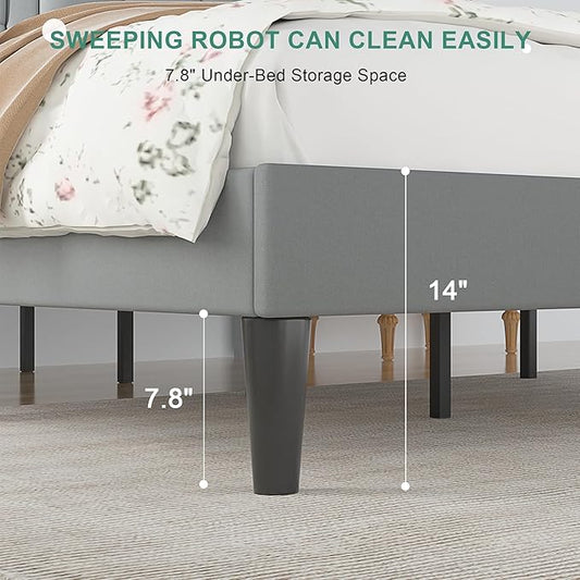 VECELO Queen Size Bed Frame with Adjustable Headboard, Upholstered Button Tufted Platform Bedframe with Wood Slats Support, No Box Spring Needed, Linen & Light Grey