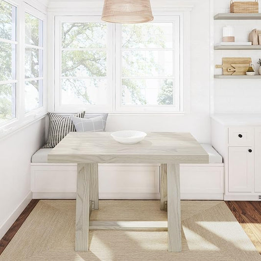 Plank+Beam 48 Inch Farmhouse Dining Table, Rustic Solid Wood Kitchen Table, Dinner Table for Dining Room, Home Office Furniture, White Sand Wirebrush