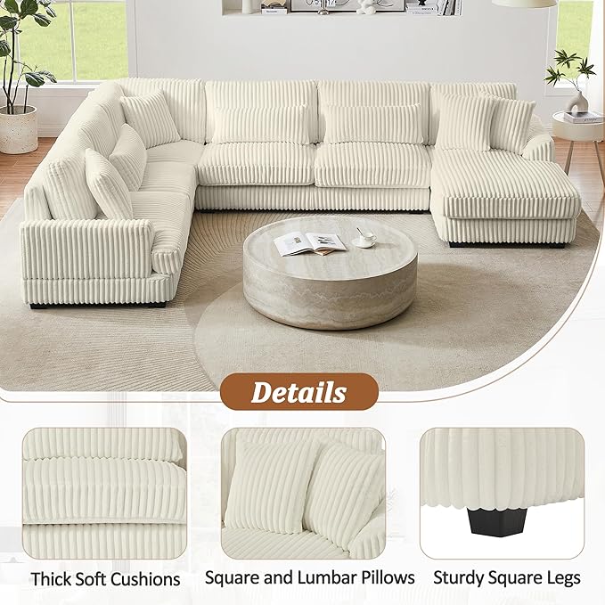 ERYE 129-Inch U-Shaped Sectional Sofa Couch W/Right Facing Chaise Lounge,Oversized Corduroy Upholstered Corner Modular Sofa Couch with 7 Toss Pillows for Living Room Sets