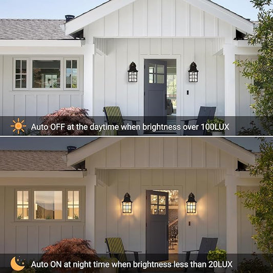 Black Dusk to Dawn Outdoor Lights for House with Gold Rim, Sensor Exterior Lighting Fixtures Wall Mount, Waterproof Porch Lights, Wall Lantern Lamp, Outside Sconce for Front Door, Garage 2 Pack